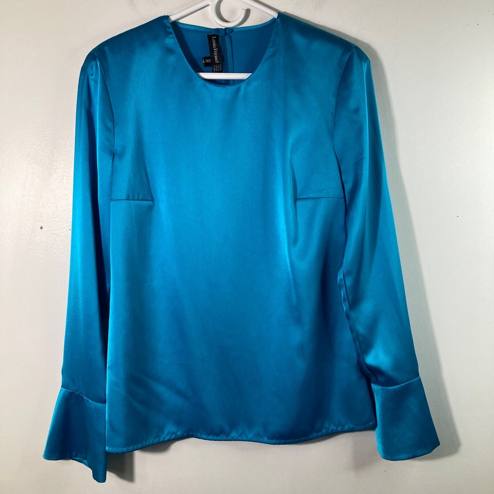 Louis Feraud Teal Blue Satin Bell Sleeve Blouse Top Size US 6
